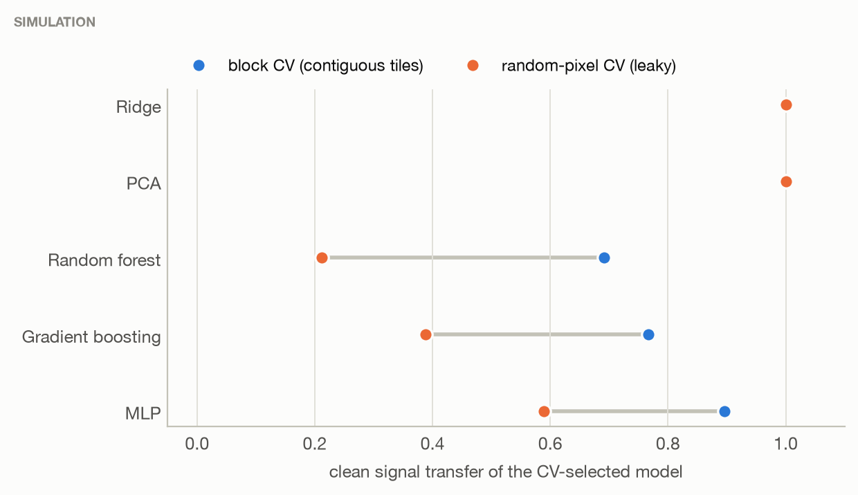 Clean transfer of the model chosen by cross-validation with contiguous-block folds and with random-pixel folds. SIMULATION.